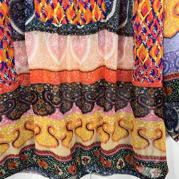 New Directions Womens Top S Orange Yellow Stretch Waist Pullover Flowy Boho Cute - Picture 6 of 13